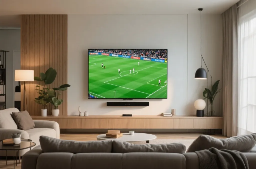 A modern cozy living room interior with a large smart TV mounted on the wall displaying a generic soccer match on a bright green field