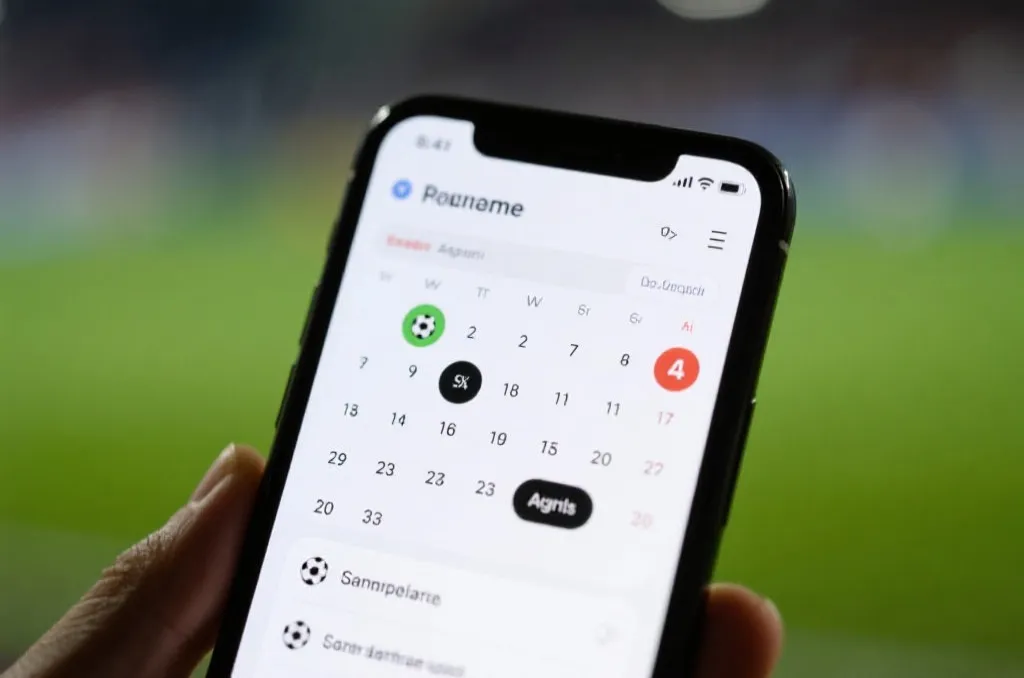 A close-up of a generic smartphone screen displaying a digital calendar app with scheduled soccer match alerts